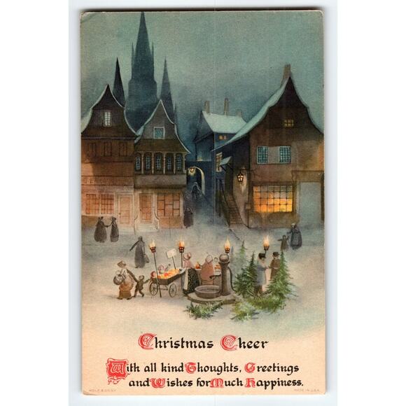 Vintage Christmas Cheer Snowy Village Scene Postcard by Wolf & Co. - Picture 1 of 2